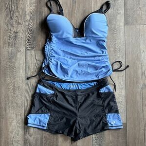 Free Country Blue and Dark Gray Tankini Swimwear